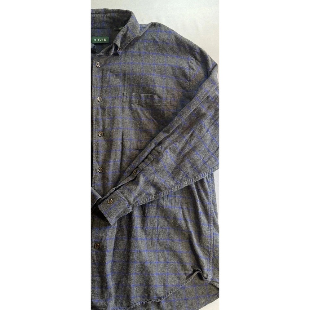 Orvis Button Up Shirt Mens XL Gray Blue Plaid Button Down Long Sleeve Pockets